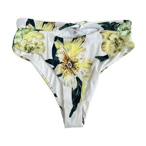 TiniBikini bikini bottoms high waisted ribbed Large white yellow floral print